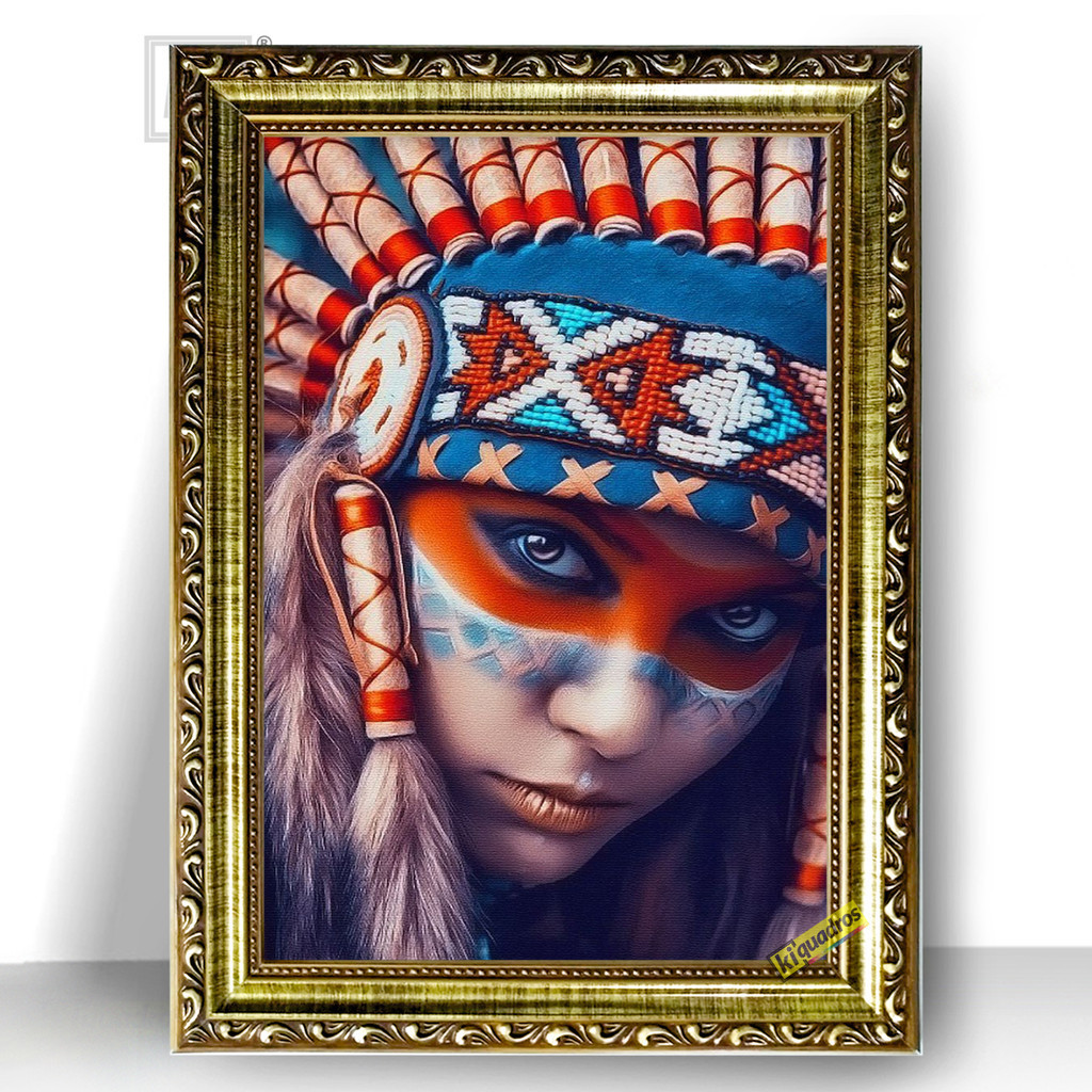 Quadro Moldura Trabalhada Índia Loura Cocar Indígena 47x35cm