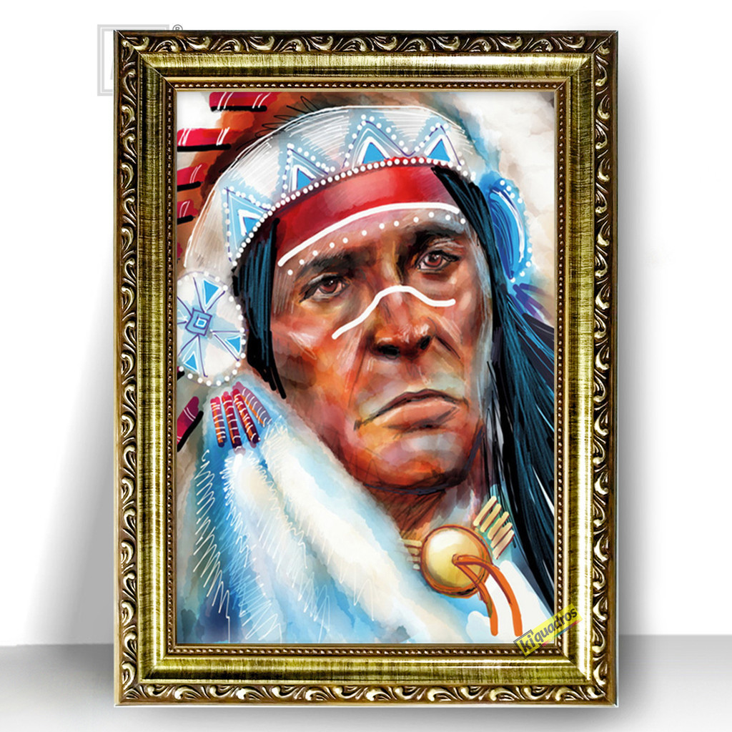 Quadro Moldura Trabalhada Índio Cocar Rosto 47x35cm