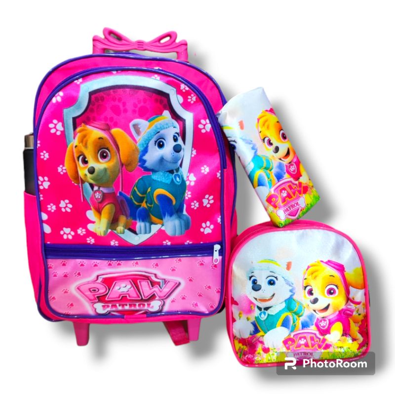 Kit Mochila Infantil Escolar com Rodinhas de Silicone do Menina Skay/ Patrulha Canina+ Lancheira + Estojo
