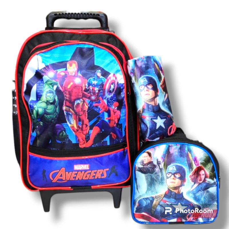 Kit Mochila Infantil Escolar com Rodinhas de Silicone do Menino Vingadores + Lancheira + Estojo em Oferta na Shopee