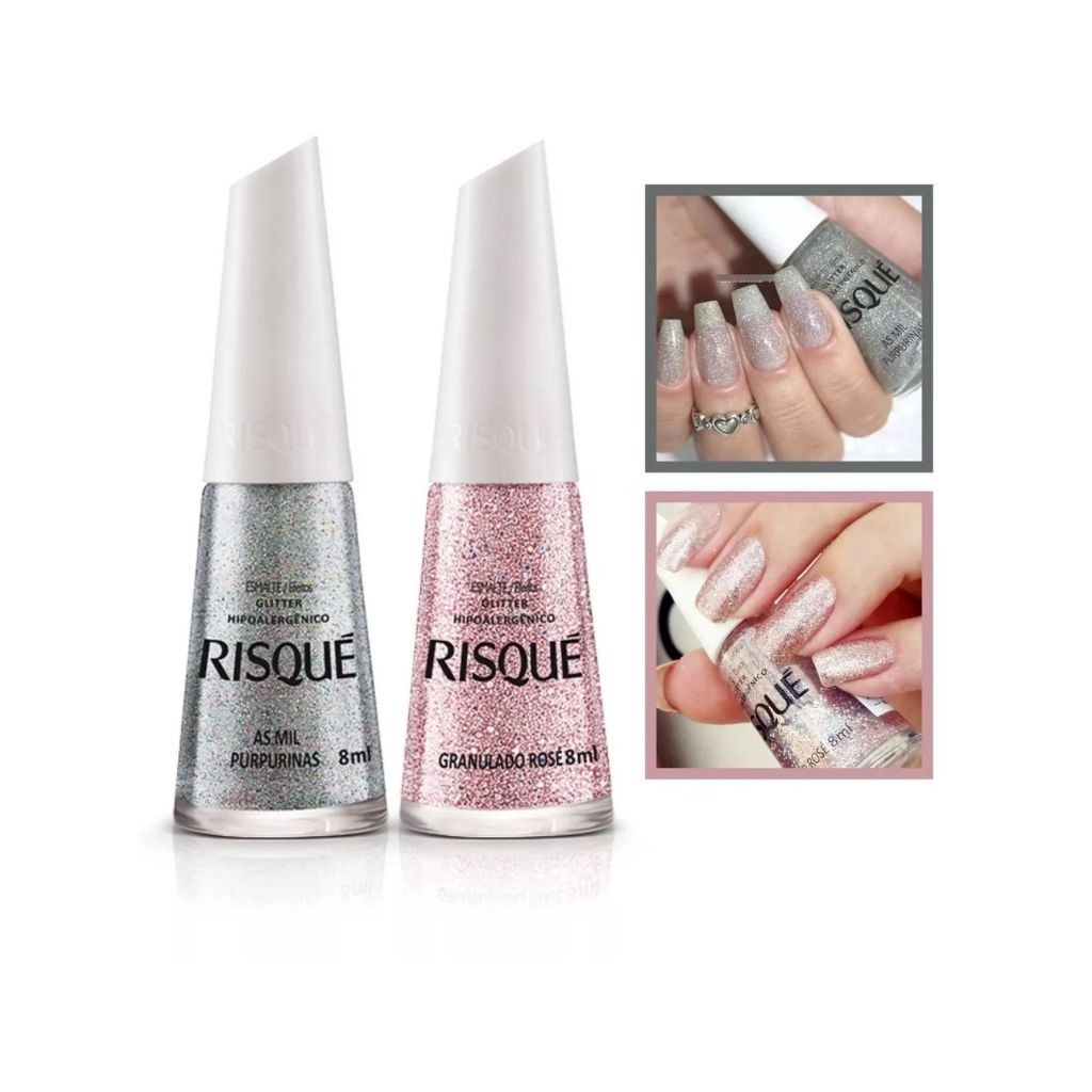 Risque: Kit Esmalte Glitter Mil Purpurinas + Granulado Rose