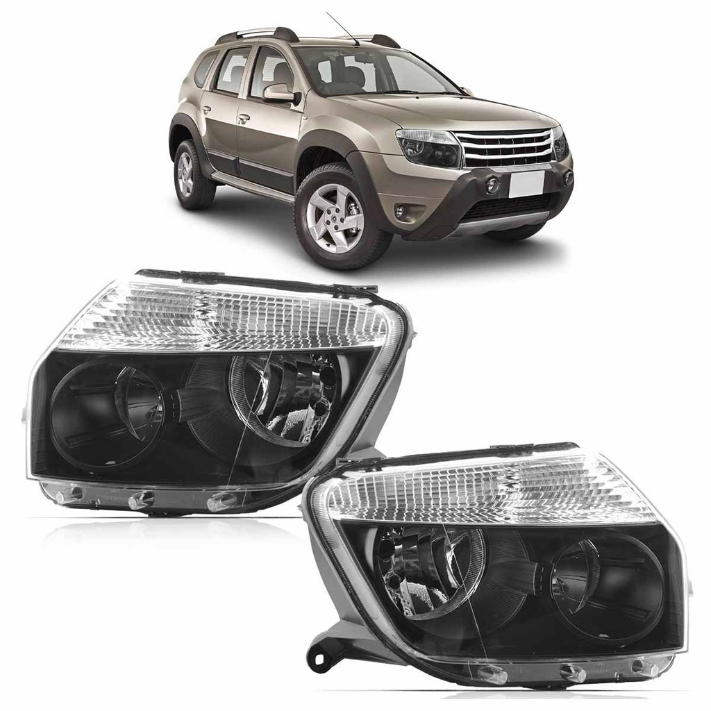 Farol Dianteiro Duster 2012 2013 2014 2015 Máscara Negra Foco Duplo Lente Lisa Acrilico