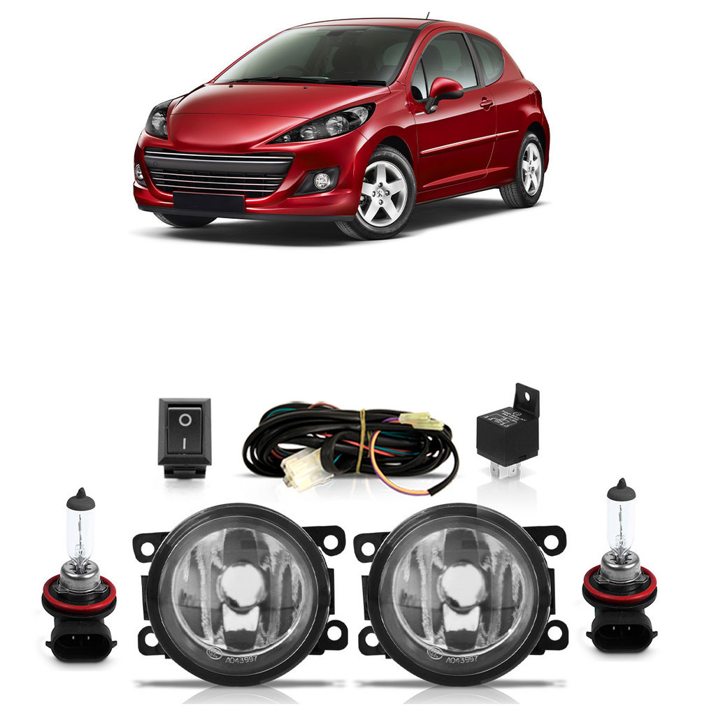 Kit Par Farol Milha Auxiliar 207 2006 2007 2008 2009 2010 + Par Lâmpada Halógena Completo Lente Lisa Vidro
