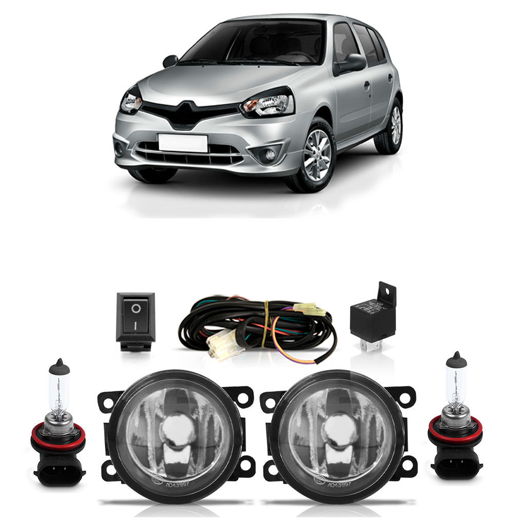 Kit Par Farol Milha Auxiliar Clio 2013 2014 2015 2016 + Par Lâmpada Halógena Completo Lente Lisa Vidro - Spare Parts and Accessories for Vehicles