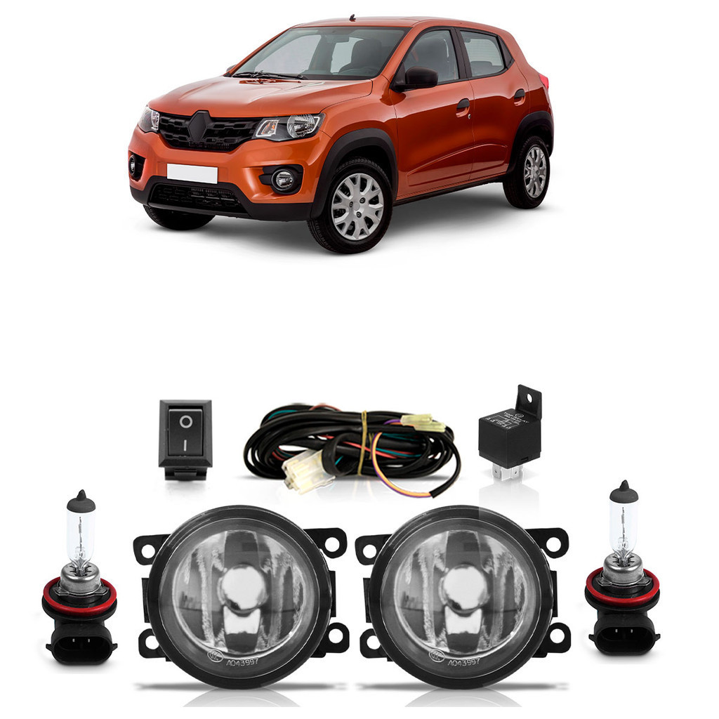 Kit Par Farol Milha Auxiliar Kwid 2017 2018 2019 2020 2021 2022 + Par Lâmpada Halógena Completo Lente Lisa Vidro - Spare Parts and Accessories for Vehicles