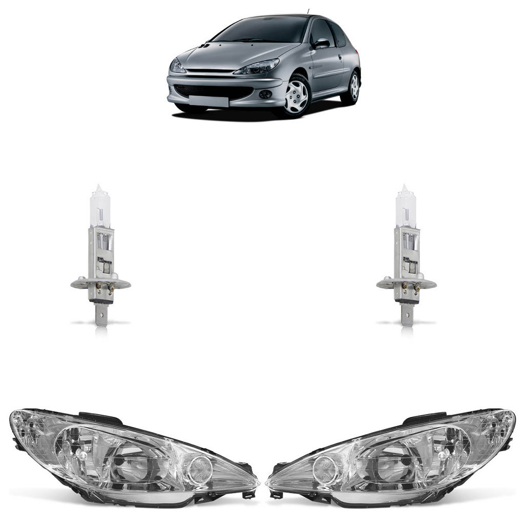 Kit Par Farol Dianteiro 206 1999 2000 2001 2002 2003 2004 2005 2006 2007 2008 Máscara Cromada + Par Lâmpadas Halógena - Spare Parts and Accessories for Vehicles