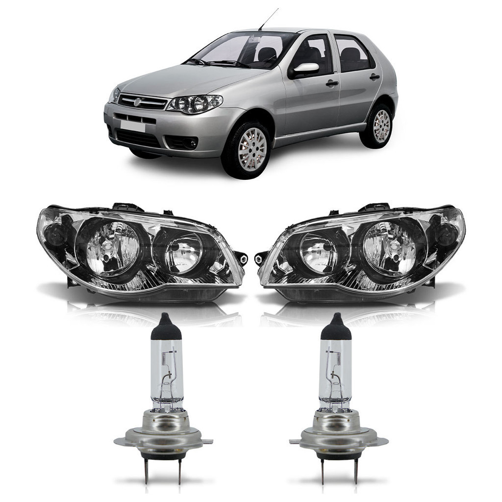Kit Palio Economy 2011 2012 2013 2014 A 2017 Par Farol Dianteiro Máscara Cromada Canhão Preto + Par Lâmpada H7 Halógena