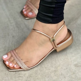 Sandália Feminina Com Salto Grosso Baixo De Brilho Bloco Tamanco Saltinho Confortável em Oferta na Shopee