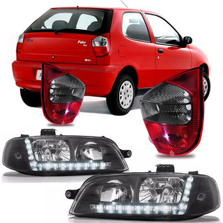 Kit Farol Dianteiro Palio G2 2001 2002 2003 2004 2005 2006 Máscara Negra + Par Lanterna Fume com led