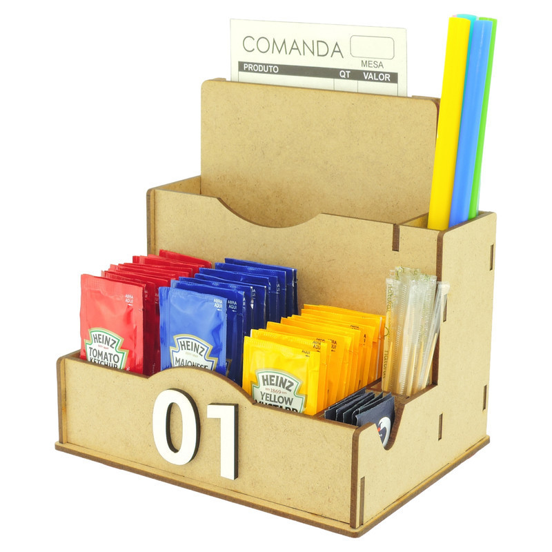 45 Porta Comanda Sachê Guardanapo Temperos Sal Canudo Palito Mdf Crú