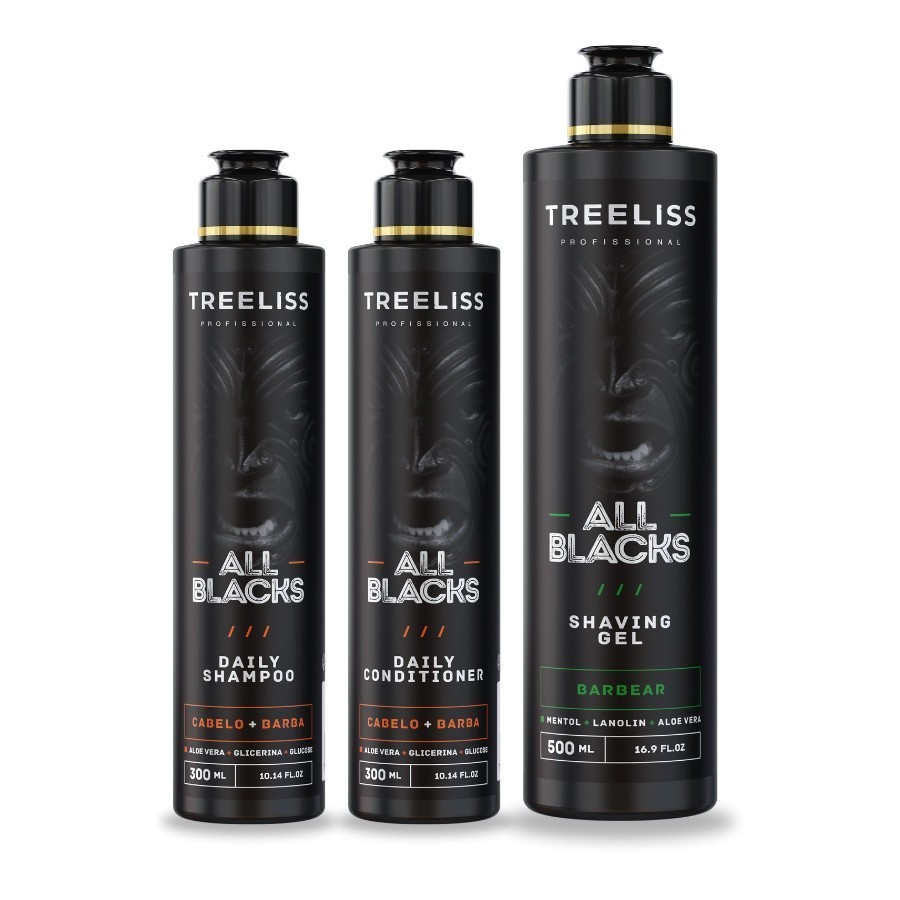 Kit All Black Masculino Barba e Cabelo Cuidados Treeliss