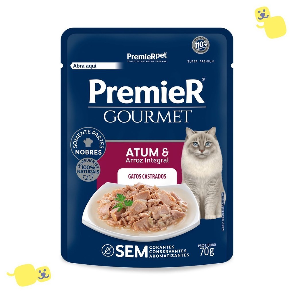 Kit 20 unidades Sachê Premier Gourmet Gatos Castrados Adultos Atum e Arroz Integral 70g