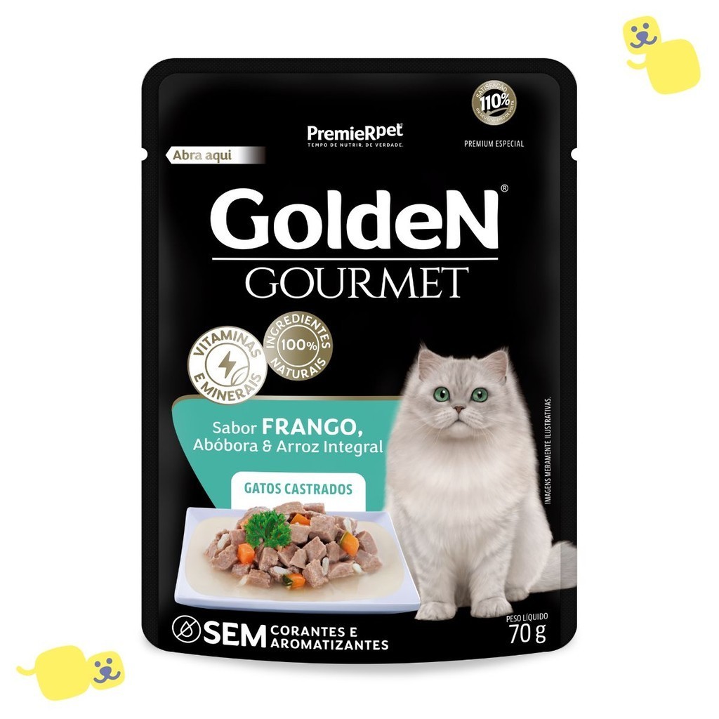Kit 20 Unidades Sachês Golden Gourmet Gatos Castrados Sabor Frango Abóbora Arroz Integral 70g