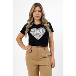 T-SHIRT FEMININA DE ALGODÃO CORACAO DIAMANTE PRATA COM PEROLAS - PRETO