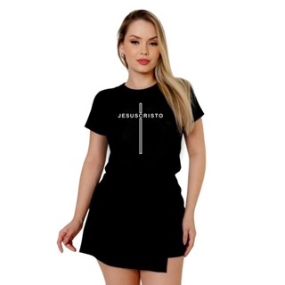 T-SHIRT FEMININA DE ALGODÃO JESUS CRUZ VAZADO - PRETO