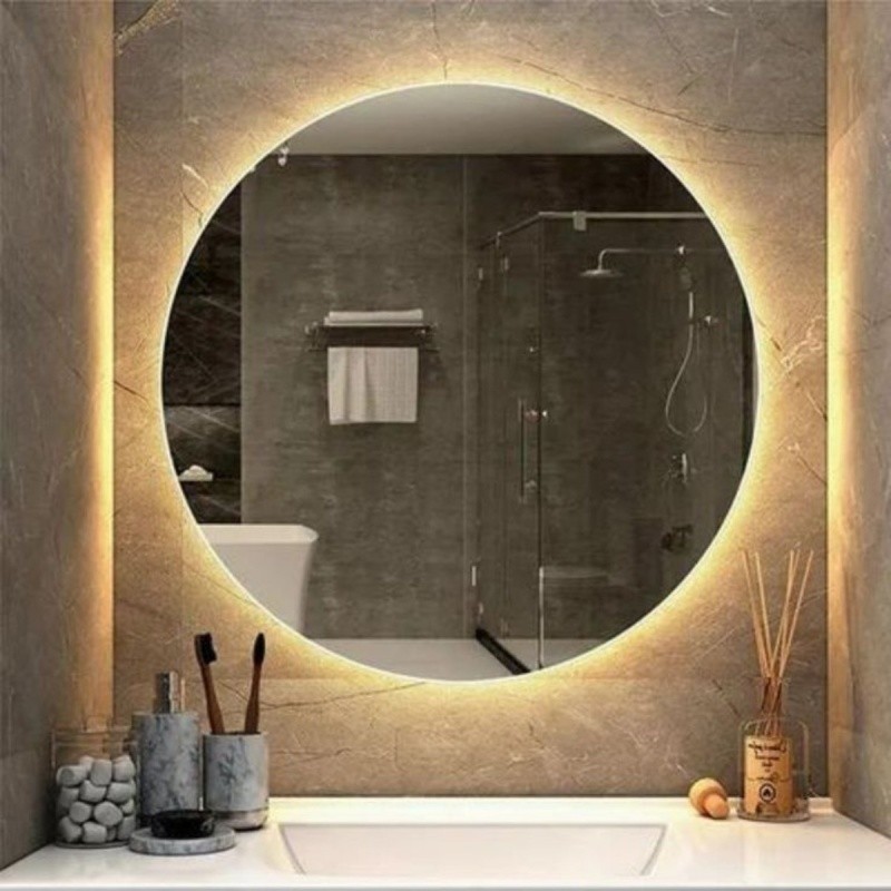 Espelho Grande Com Led 70cm Círculo Luz Amarela + Fonte Bivolt Inclusa 110/220