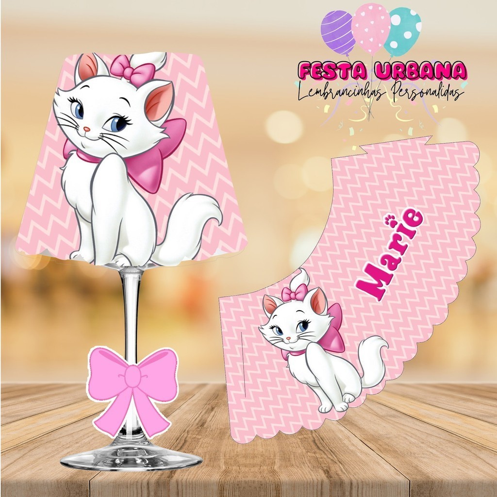 Kit 10 Cúpulas para Abajur na Taça Gatinha Marie Centro de Mesa Abajur na Taça Lembrancinha Personalizada