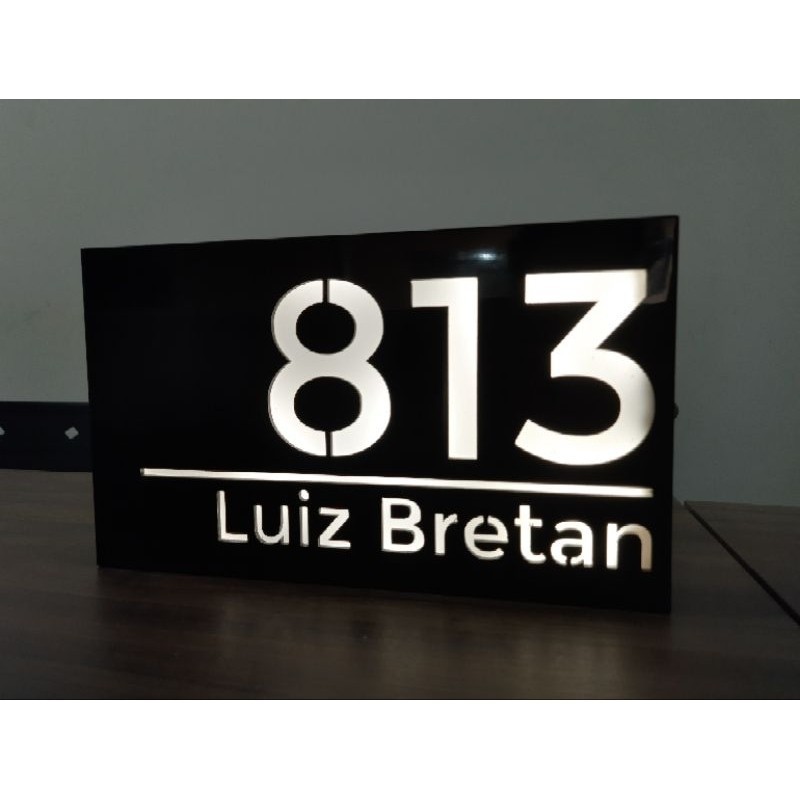 PLACA COM LED, LETREIRO LUMINOSO COM NÚMERO E ENDEREÇO, LUMINOSO 38X18CM.