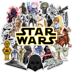 Kit 30 Adesivos Star Wars Darth Vader Yoda Stormtrooper Chewbacca Han Solo Boba Fett Cartela Stickers Caderno Notebook Skate