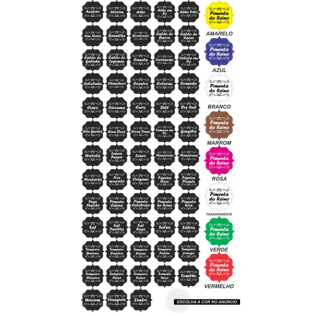 CARTELA TEMPERO 63 ETIQUETAS ADESIVO AUTO COLANTE ROTULO 5X5 CM A PROVA DE AGUA PARA POTES RECIPIENTE MANTIMENTOS CONDIMENTOS ORGANIZAÇÃO  E BELEZA PARA SUA COZINHA COR AMARELO AZUL PRETO MARROM ROSA VERDE VERMELHO TRANSPARENTE BRANCO
