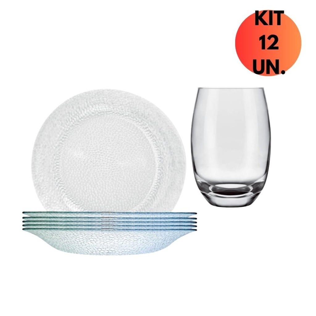 Kit Aparelho 12 Peças 06 Prato Fundo Duralex Aqcua+ 06 Copos Aruba 465ml Vidro Jantar Suco Temperado Mesa Posta Jogo Conjunto Caldo Sopa
