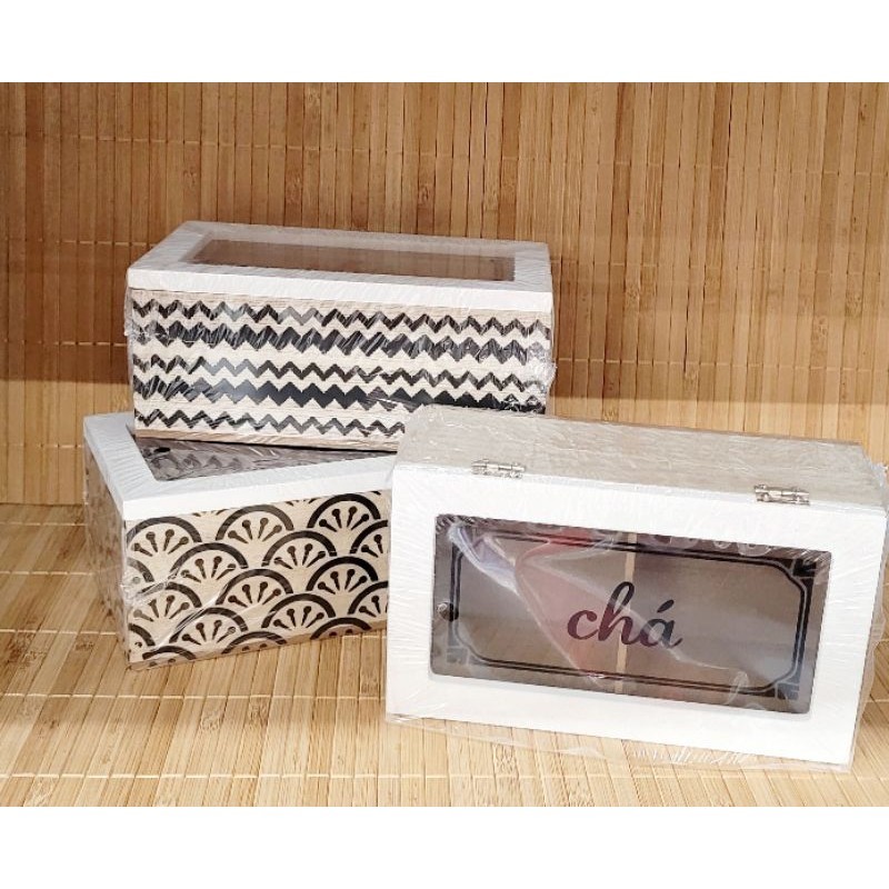 Caixa de Chá c/2 Divisórias Tampa de Vidro Personalizado Porta Chá MDF Caixa Organizadora p/ Chá Cantinho do Café Decorada com Tampa de Vidro