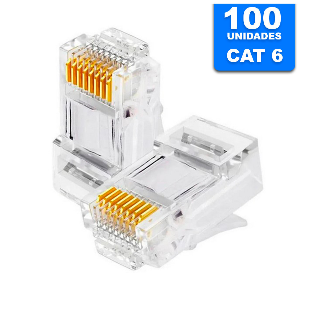 100 Conectores Rj45 Vazado Cat6 Macho Cabo Rede Lan Plug Rede