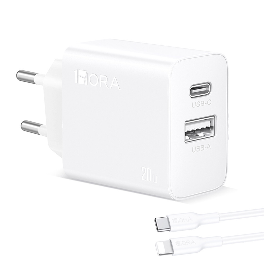 Carregador 1Hora Pd 20W Tipo A/C+Cabo C/Lightning Branco