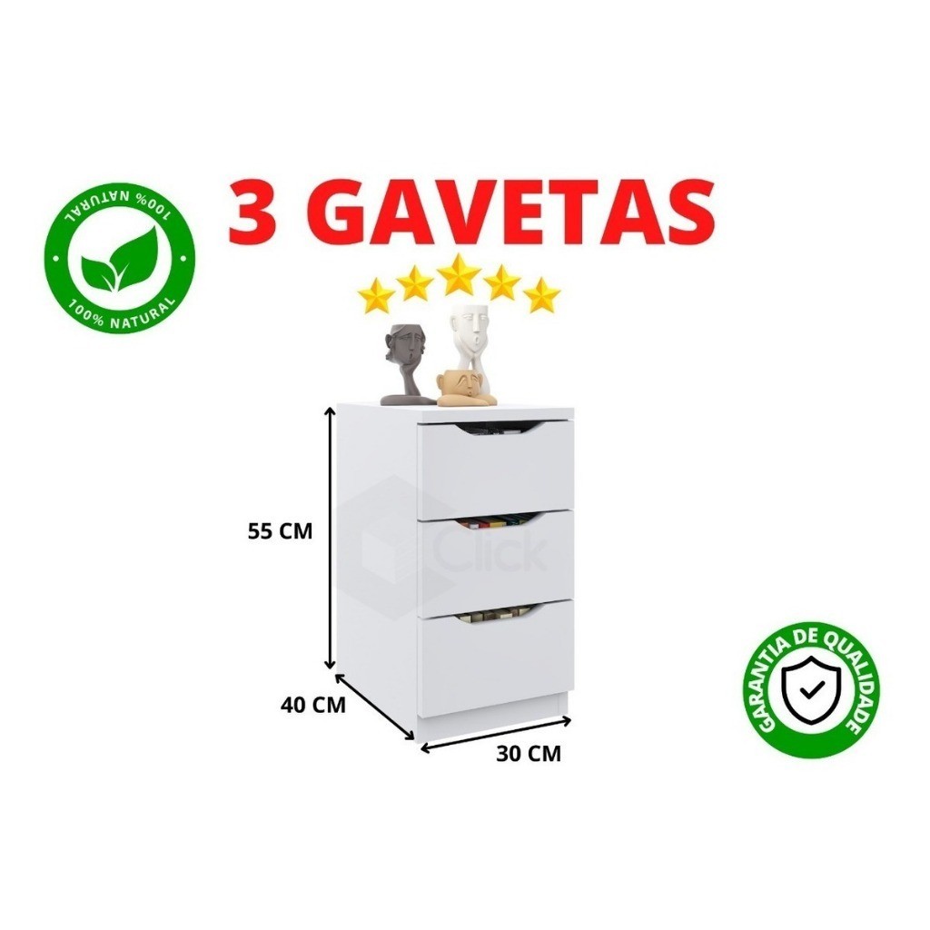 Gaveteiro Multiuso Funcional Variações de Cores com 3 Gavetas Branco, Mel Ou Preto Armário Multiuso 100% MDP