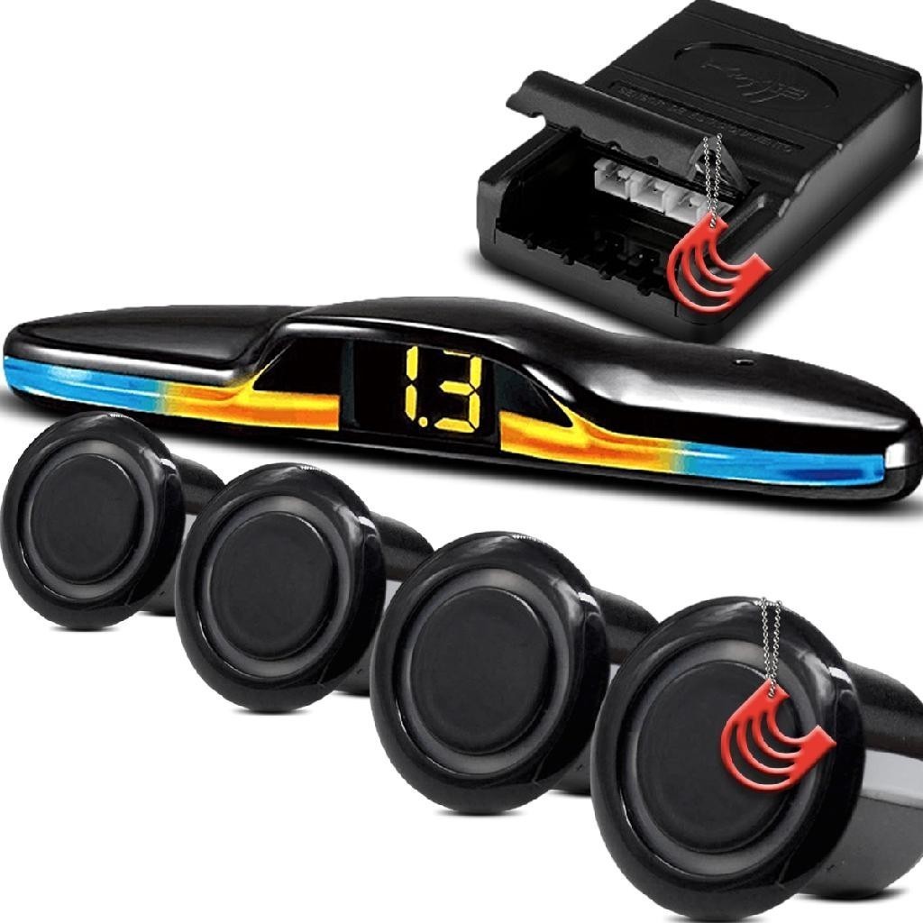 Kit Preto Brilhante Sensor 4 Pontos Ré Estacionamento Mini LED Sonoro Embutido Universal KX3 KXS240A - Spare Parts and Accessories for Vehicles
