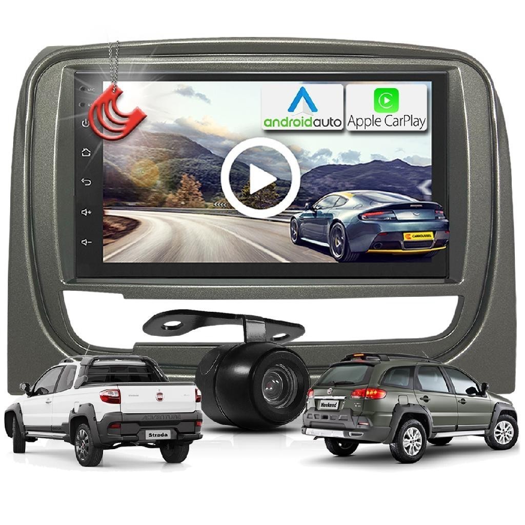 Kit Central Multimidia MP5 + Camera + Moldura Cinza Palio Weekend Strada Siena AndroidAuto CarPlay
