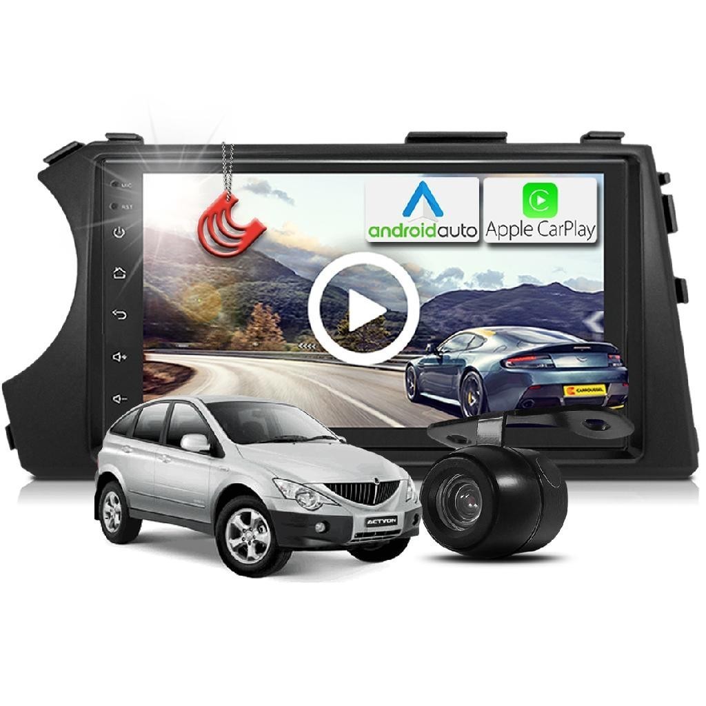 Combo Kit Central Multimidia MP5 + Camera de ré + Moldura Preta Ssangyong Actyon AndroidAuto CarPlay