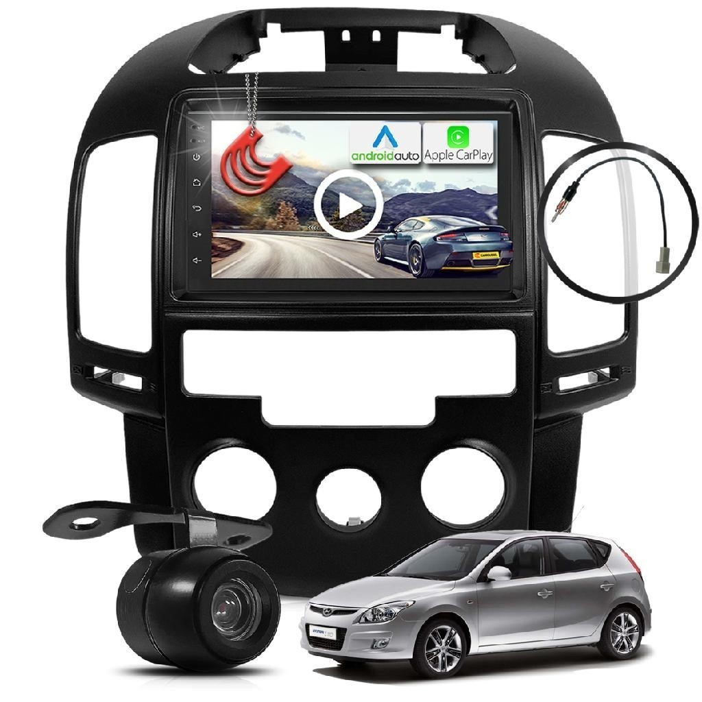 Kit Central Multimidia MP5 + Camera ré + Moldura Chicote i30 08/12 Ar Analógico AndroidAuto CarPlay