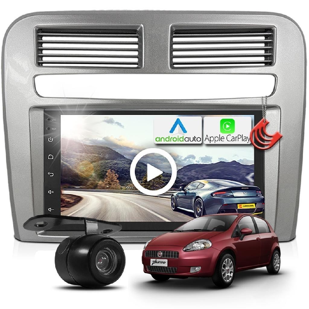 Combo Kit Central Multimidia MP5 + Camera de ré + Moldura Prata Punto 07/12 AndroidAuto CarPlay