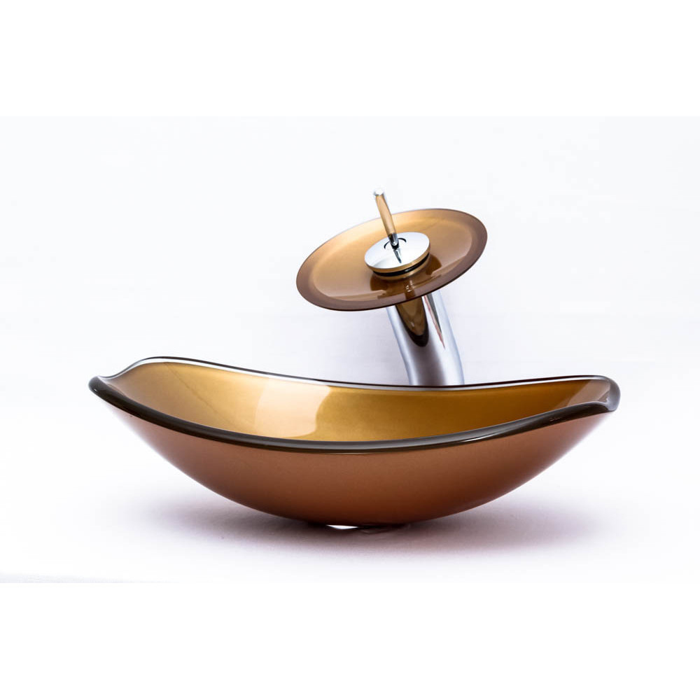 KIT CUBA DE VIDRO P/ BANHEIRO LAVABO CHANFRADA 47CM + TORNEIRA CASCATA MONOCOMANDO E VÁLVULA CLICK INOX