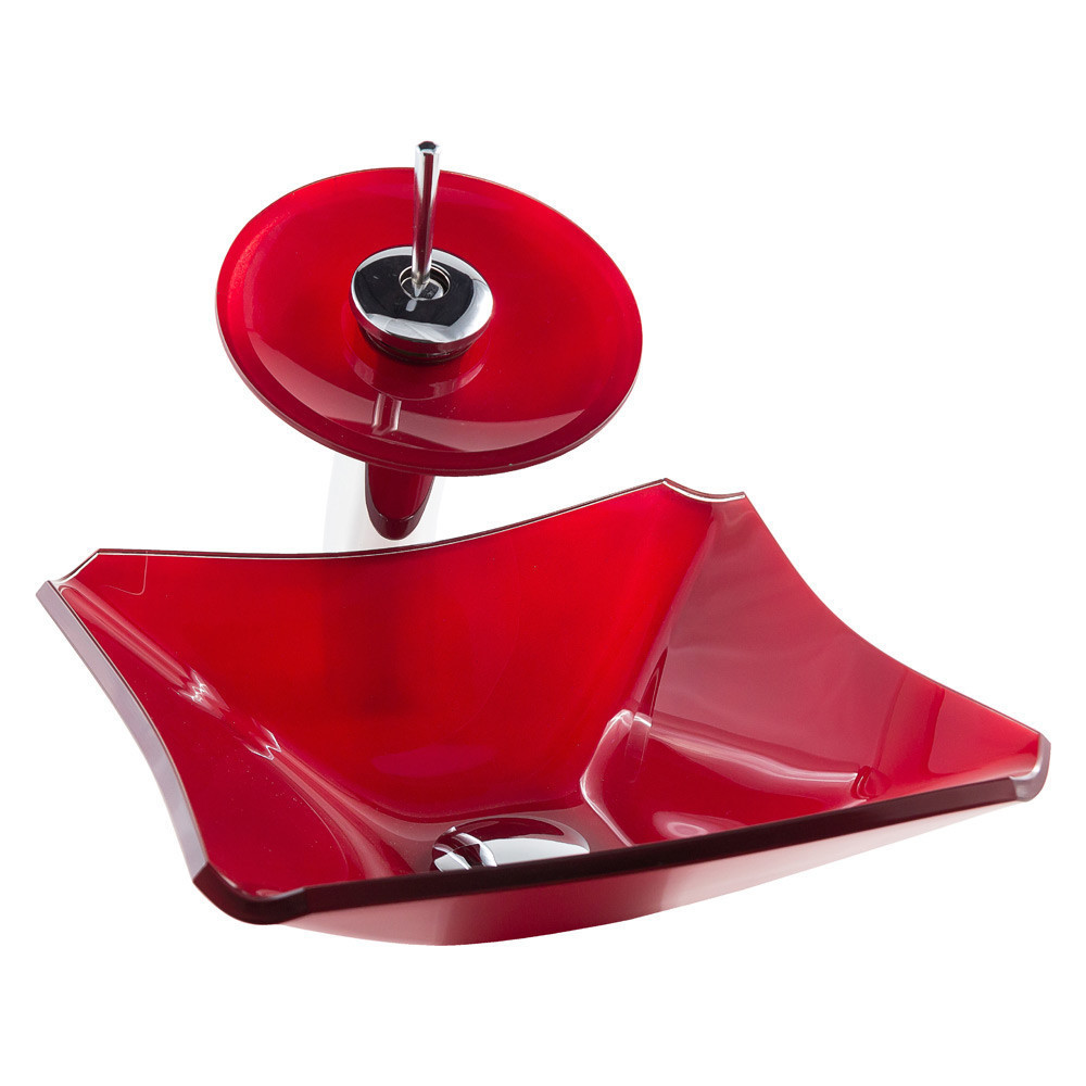 KIT CUBA DE VIDRO P/ BANHEIRO LAVABO QUADRADA RETRO 33CM + TORNEIRA CASCATA MONOCOMANDO E VÁLVULA CLICK INOX
