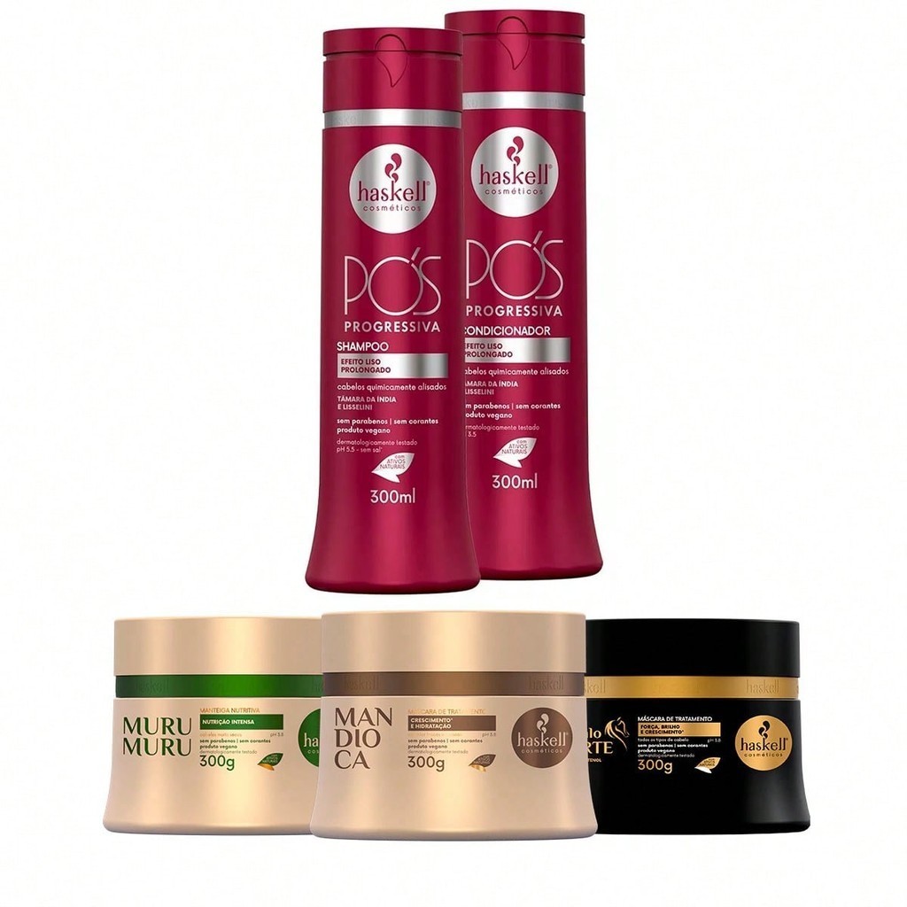 Kit Haskell Shampoo/Condicionador Pós Progressiva 300ml + Cronograma Capilar Mandioca Murumuru Cavalo Forte 300g