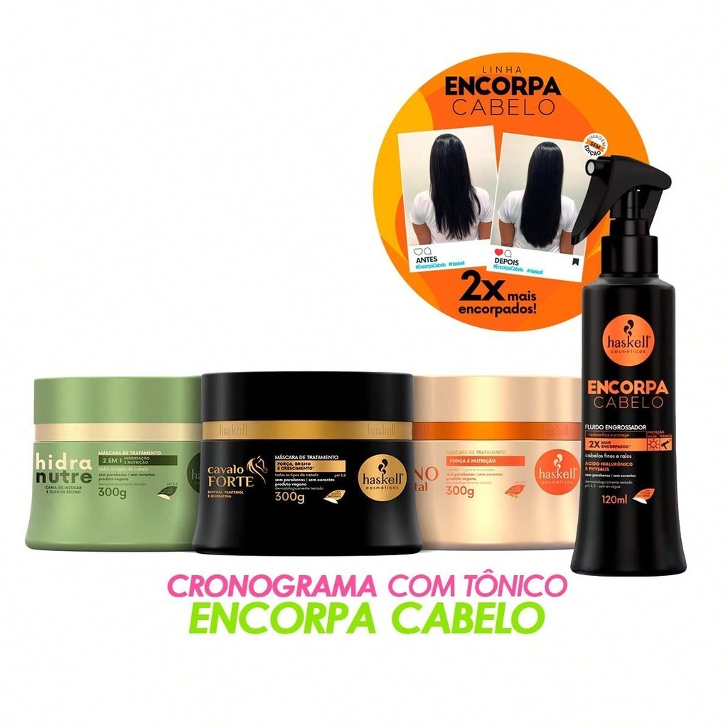 Kit Haskell Cronograma para Cabelos Frágeis 300g + Tônico Fluído Encorpa Cabelos Engrossa Fios