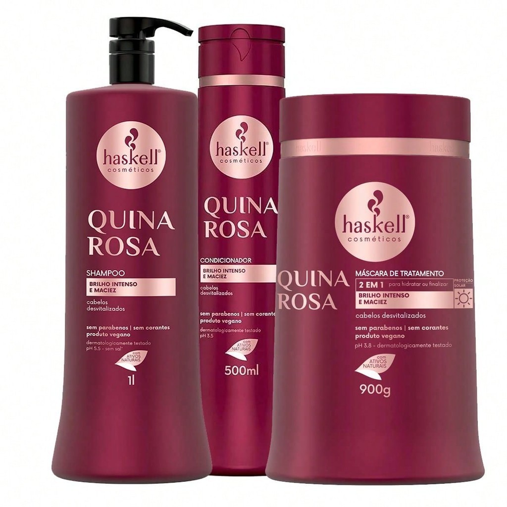 Kit Haskell Quina Rosa Shampoo 1L Condicionador 500ml Máscara 900g (3 produtos)