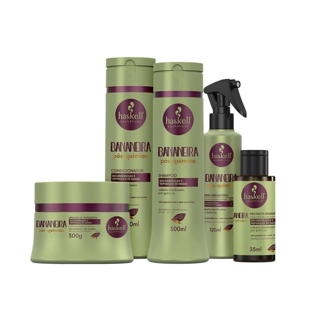 Kit Haskell Bananeira Pós-Química Completo 300ml - 5 Produtos Reconstrução e Reposição de Massa