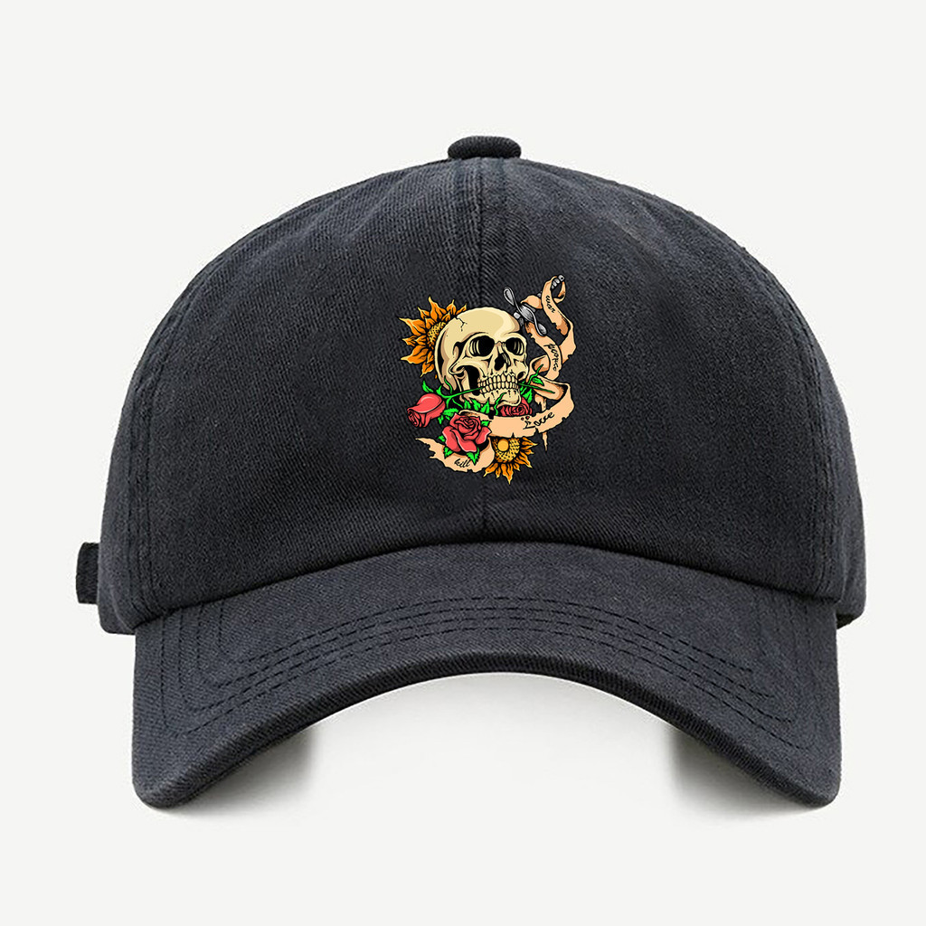 Bone baseball Masculino Preto branco Bage Caveira Cranio RosasCom regulador de tamanho