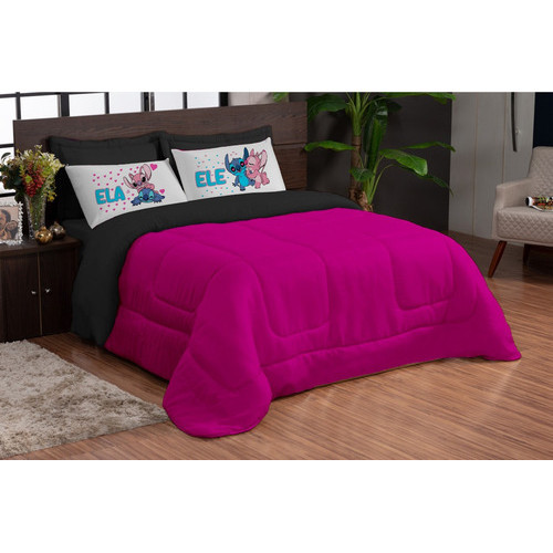 Kit Edredom Casal Queen Dupla Face 5 pcs Stich Pink Preto Premium