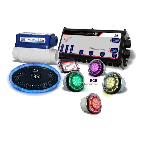 Aquecedor Controlador Spa p/ ate 4 motores Spamax-8 Sinapse C/ 4 Spot leg rgb