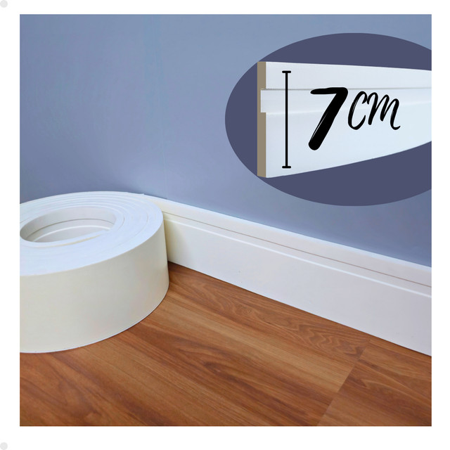 Rodameio Rodapé 10m x 07cm Autocolante Flexivel Eva Branco Acabamento Premium Painel Ripado