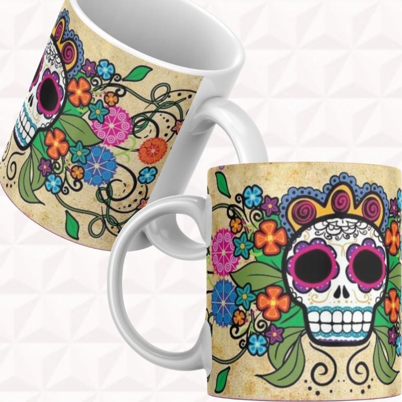 Caneca Personalizada Cerâmica ou de Plastico/Polímero Estampada Caveira Mexicana Colorida Rosas e Flores Presente Lembrança Promoção Xícara