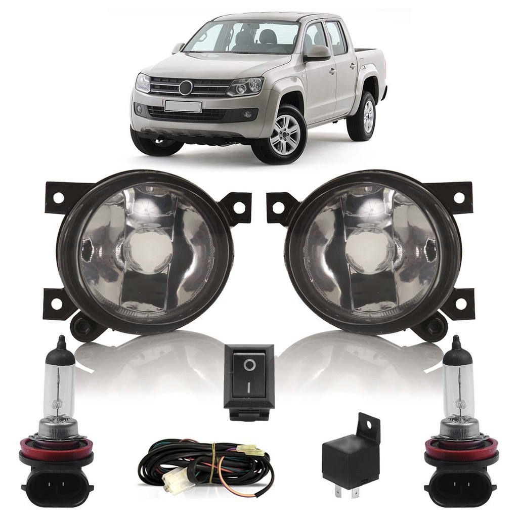 Kit Farol Milha Auxiliar Completo + Lâmpada H8 Amarok 2010 2011 2012 2013 2014 Lente Lisa Vidro