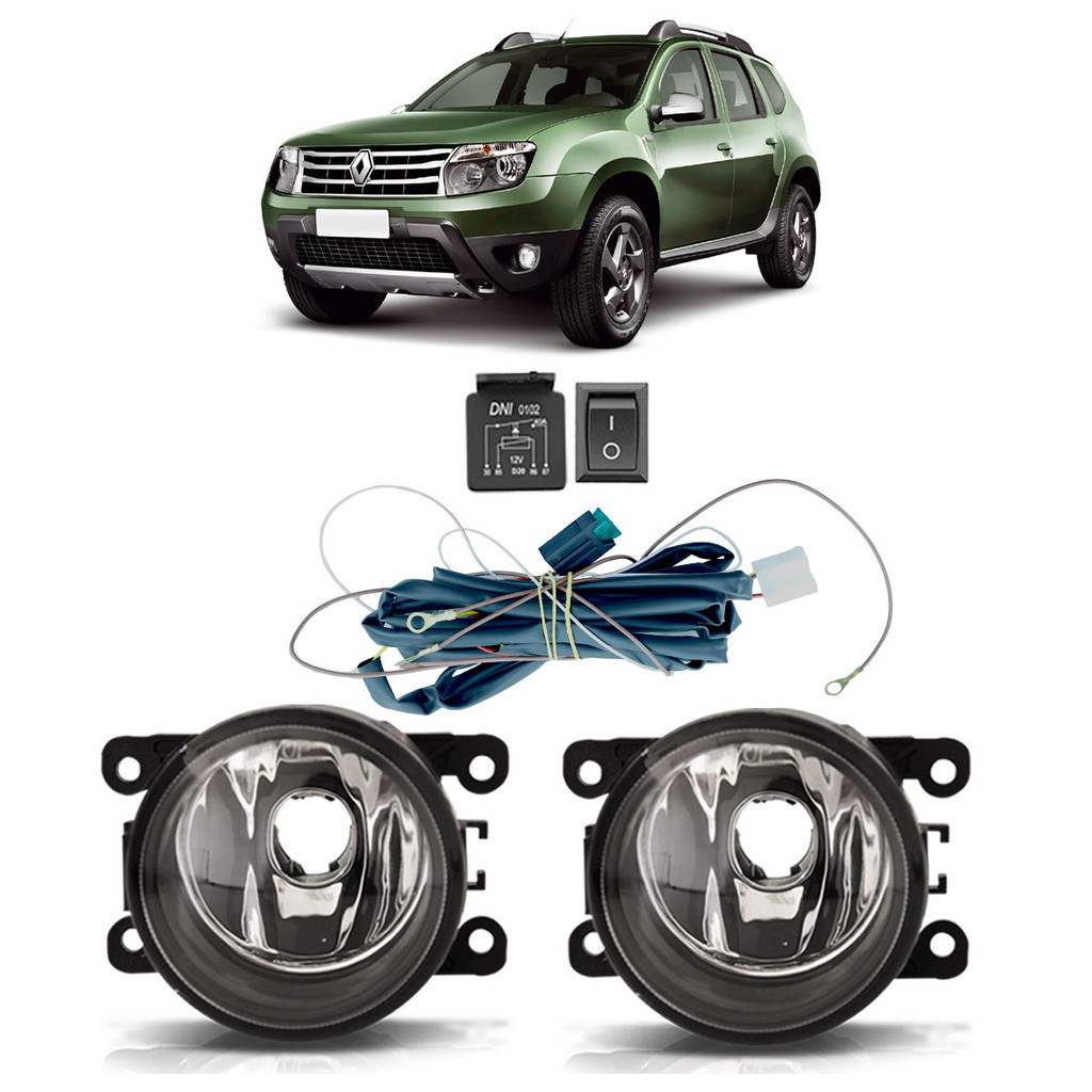 Kit Farol Milha Auxiliar Duster 2011 2012 2013 2014 2015 2016 2017 A 2019 Completo Botão Universal Lente Lisa Acrilico