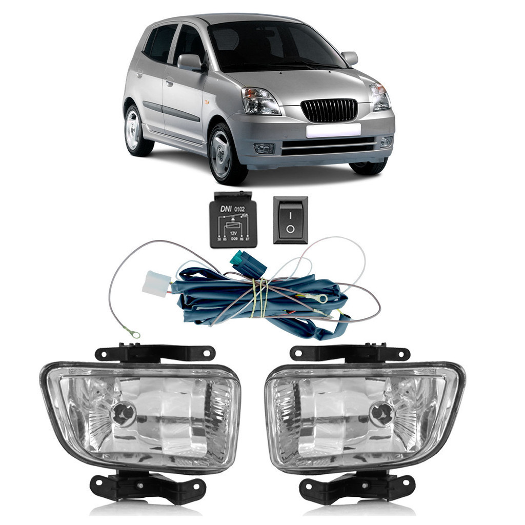 Kit Farol Milha Auxiliar Picanto 2005 2006 2007 2008 Completo Botão Universal Lente Lisa Acrilico