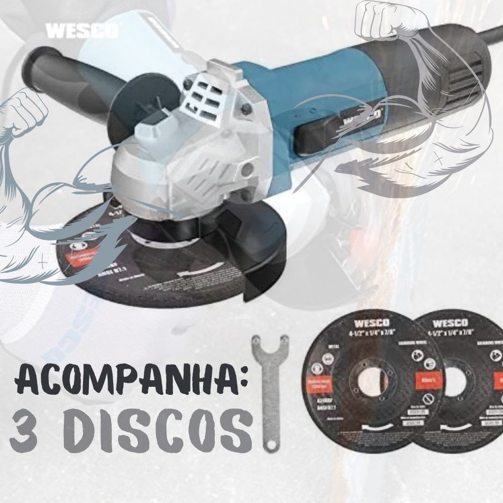 Esmerilhadeira Angular 720W Wesco 4.1/2" 220V. 3 Discos WS 4751.3 Cortar, Polir, Lixar e Acabamento