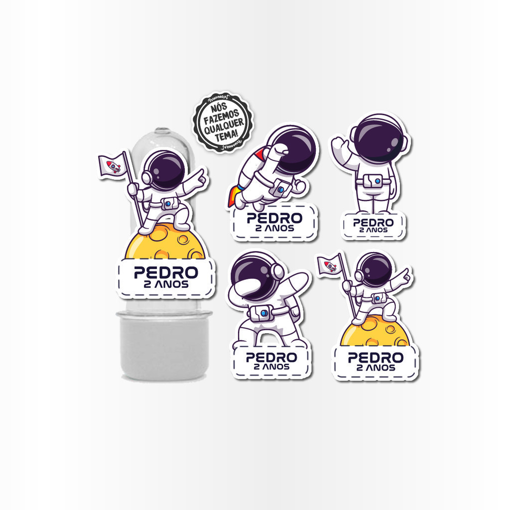 25 Aplique 3d para Mini Tubete Aplique Tag Topper Topo Kit Festa Infantil Tubete Personalizado Lembrancinha Caixinha Latinha Astronauta